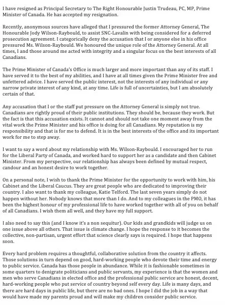 Gerald Butts Statement